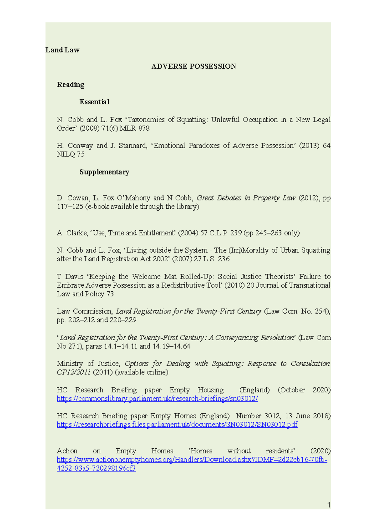 Land 5 Adverse Possession Handout 2022 - Land Law ADVERSE POSSESSION ...