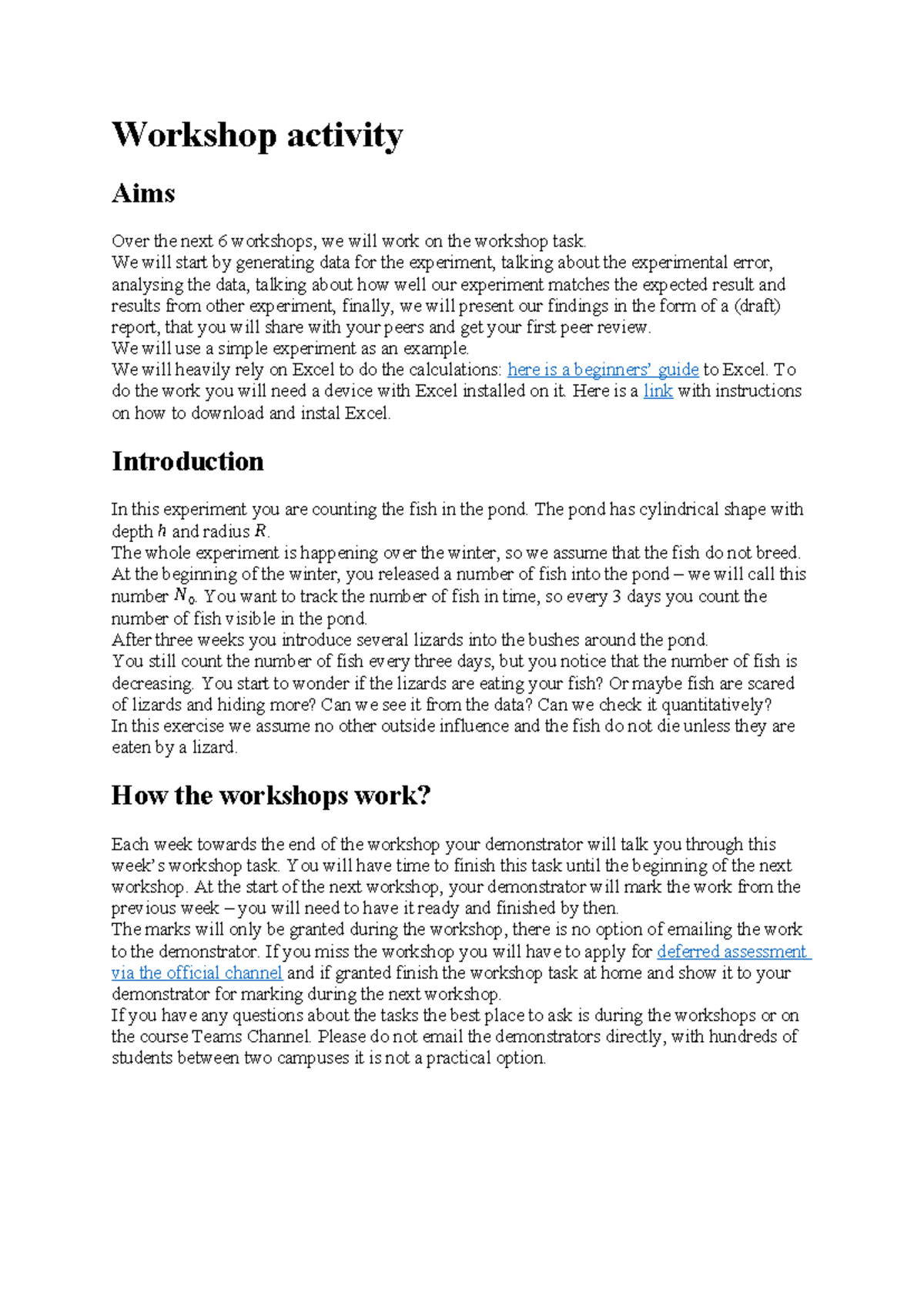 Workshop Tasks - Workshop activity Aims Over the next 6 workshops, we ...