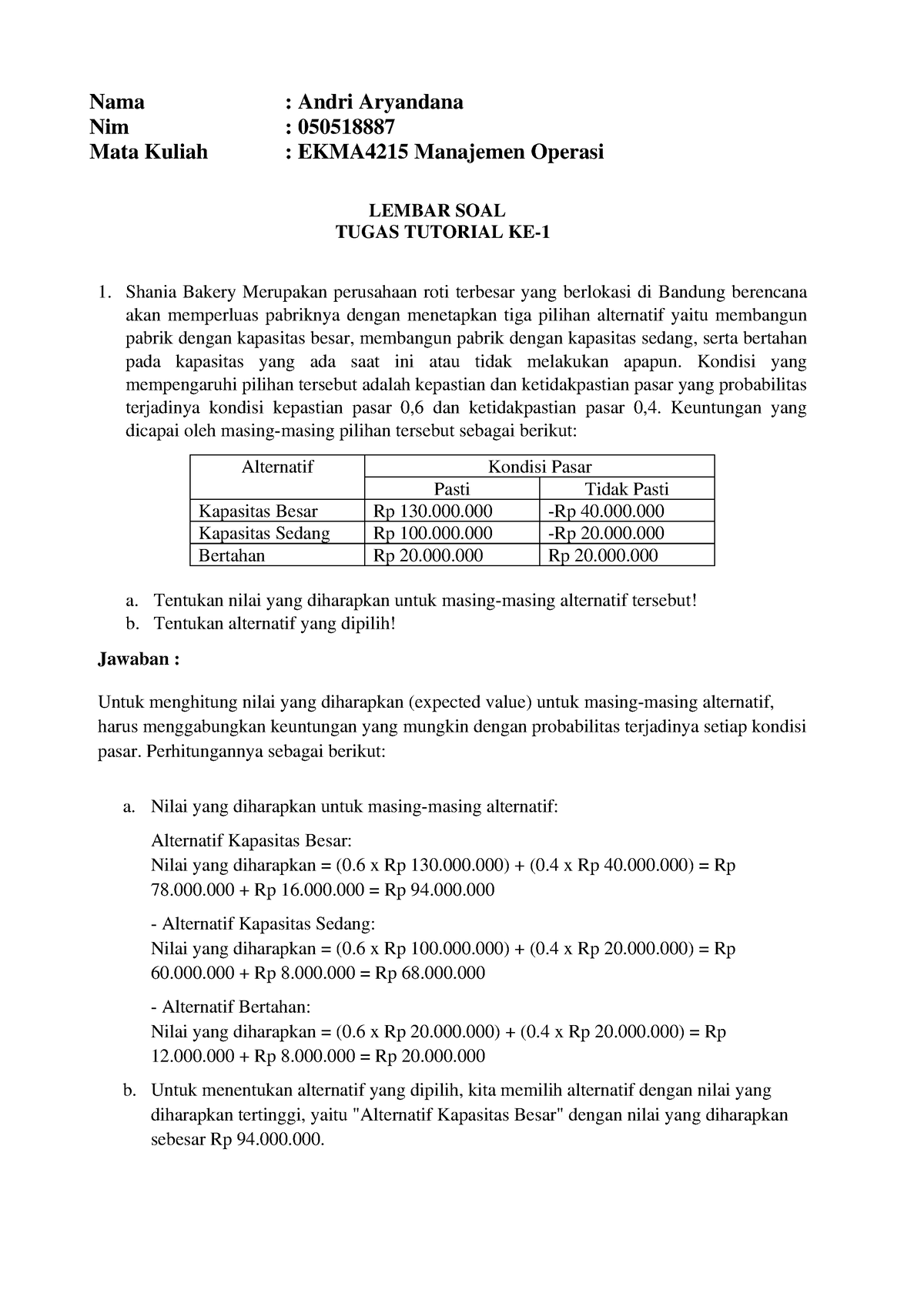 Tugas 1 - EKMA4215 Manajemen Operasi - Nama : Andri Aryandana Nim ...