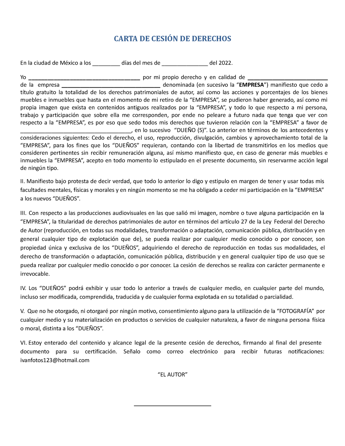 Carta DE Cesion DE Derechos - CARTA DE CESIÓN DE DERECHOS En La Ciudad ...