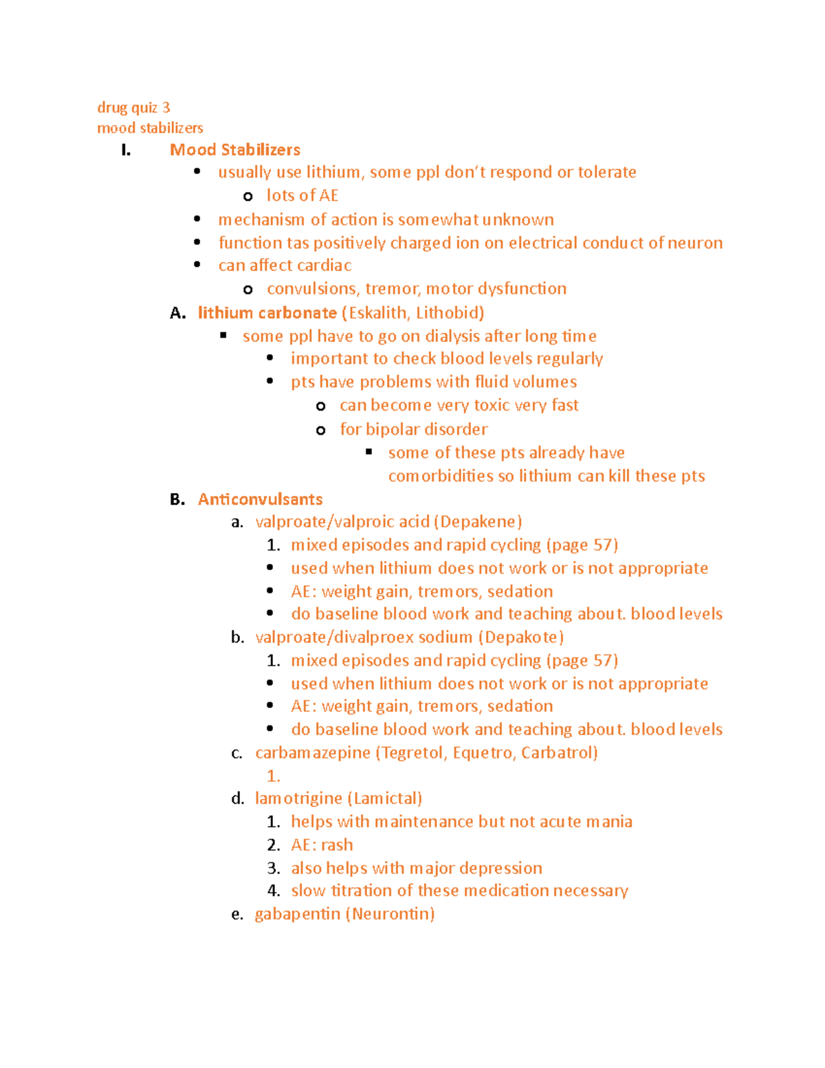 Drug quiz 3 drug quiz 3 notes mood stabilizers drug quiz 3 mood