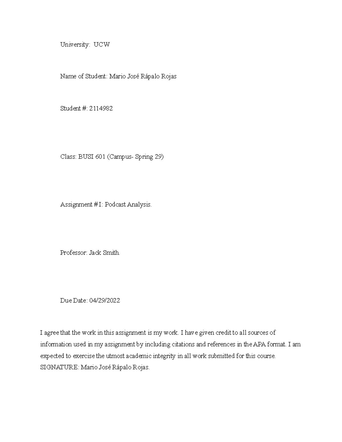 BUSI 601 I assignment - Will help you - University: UCW Name of Student ...