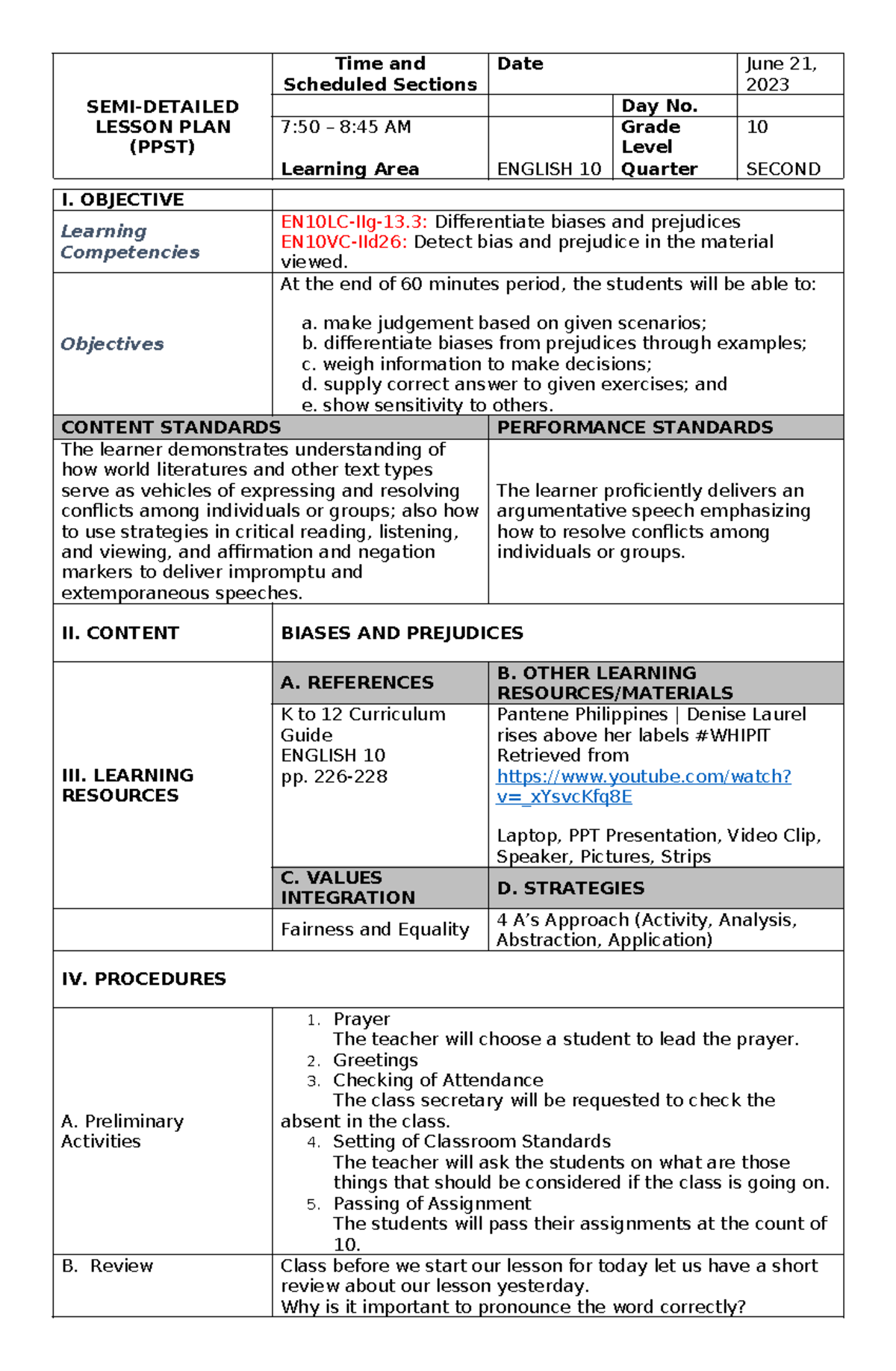 Grade 10 LP PPST - SEMI-DETAILED LESSON PLAN (PPST) Time and Scheduled ...