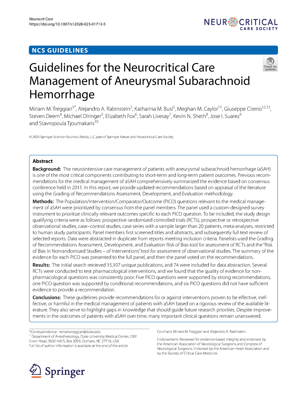 Guidelines For The Neurocritical Care Management - Neurocrit Care Doi ...