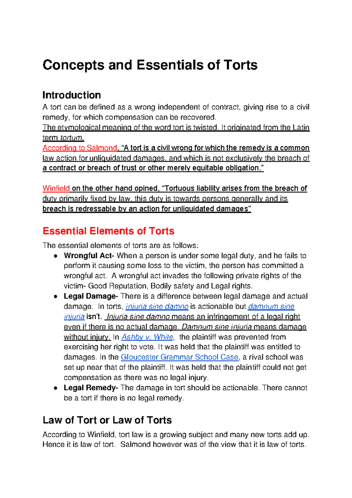 Law of torts notes - Concepts and Essentials of Torts Introduction A ...