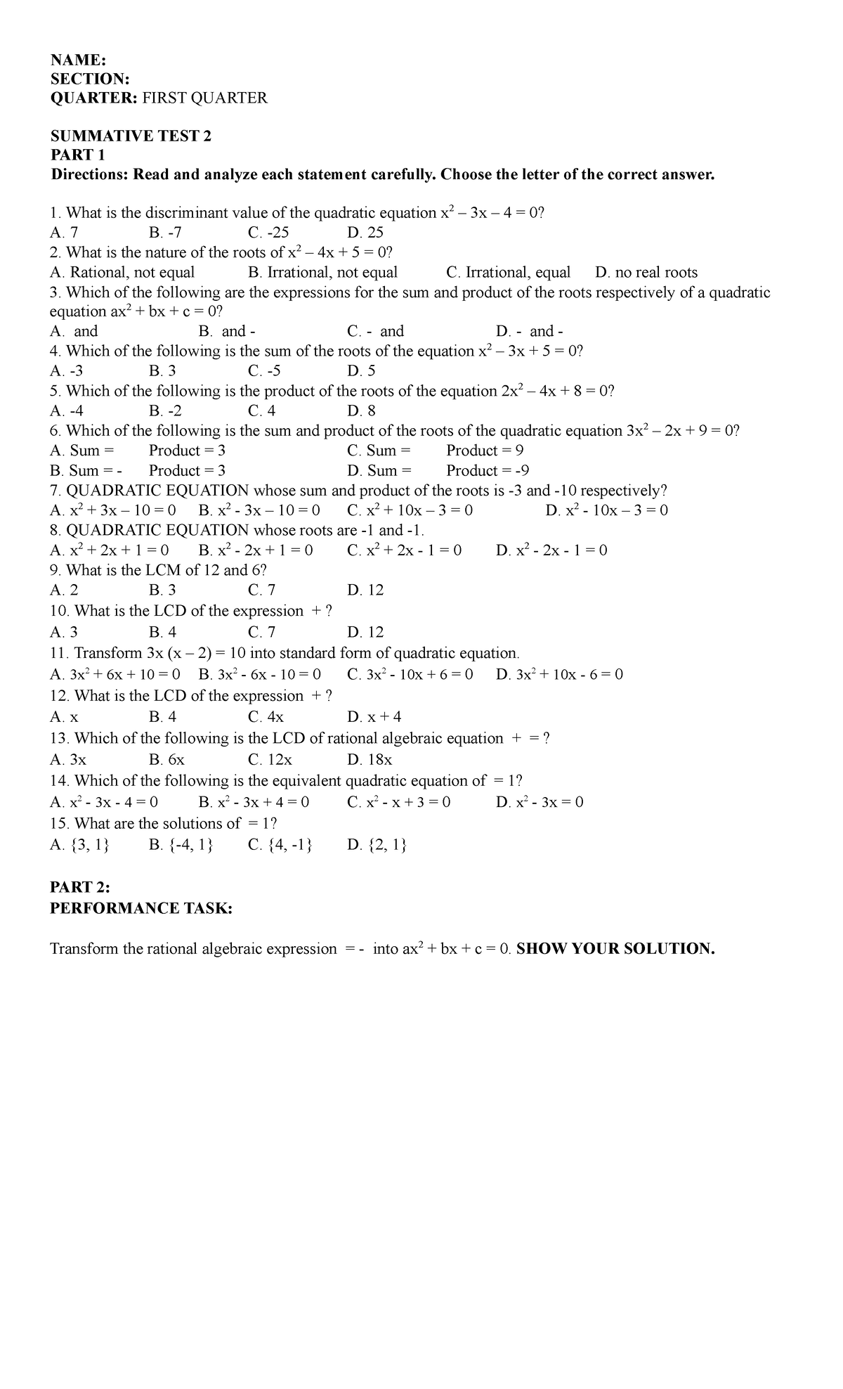 Q1 Summative-TEST-2 2022-2023 - NAME: SECTION: QUARTER: FIRST QUARTER ...