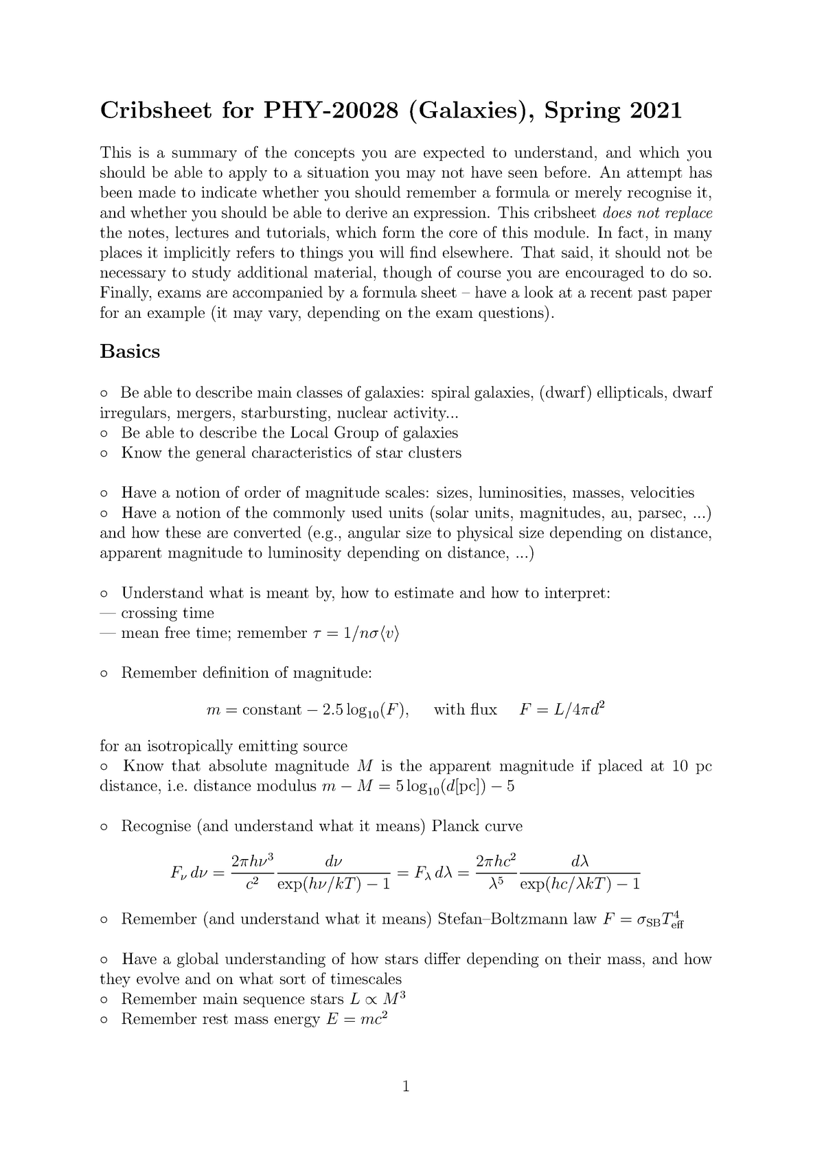 Module Crib Sheet Cribsheet for PHY20028 (Galaxies), Spring 2021