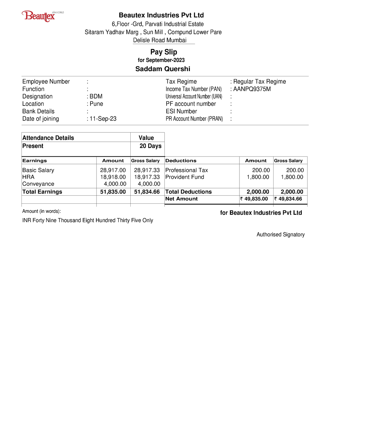 Pay Slip Saddam Quershi Sep 23 - Beautex Industries Pvt Ltd 6,Floor ...