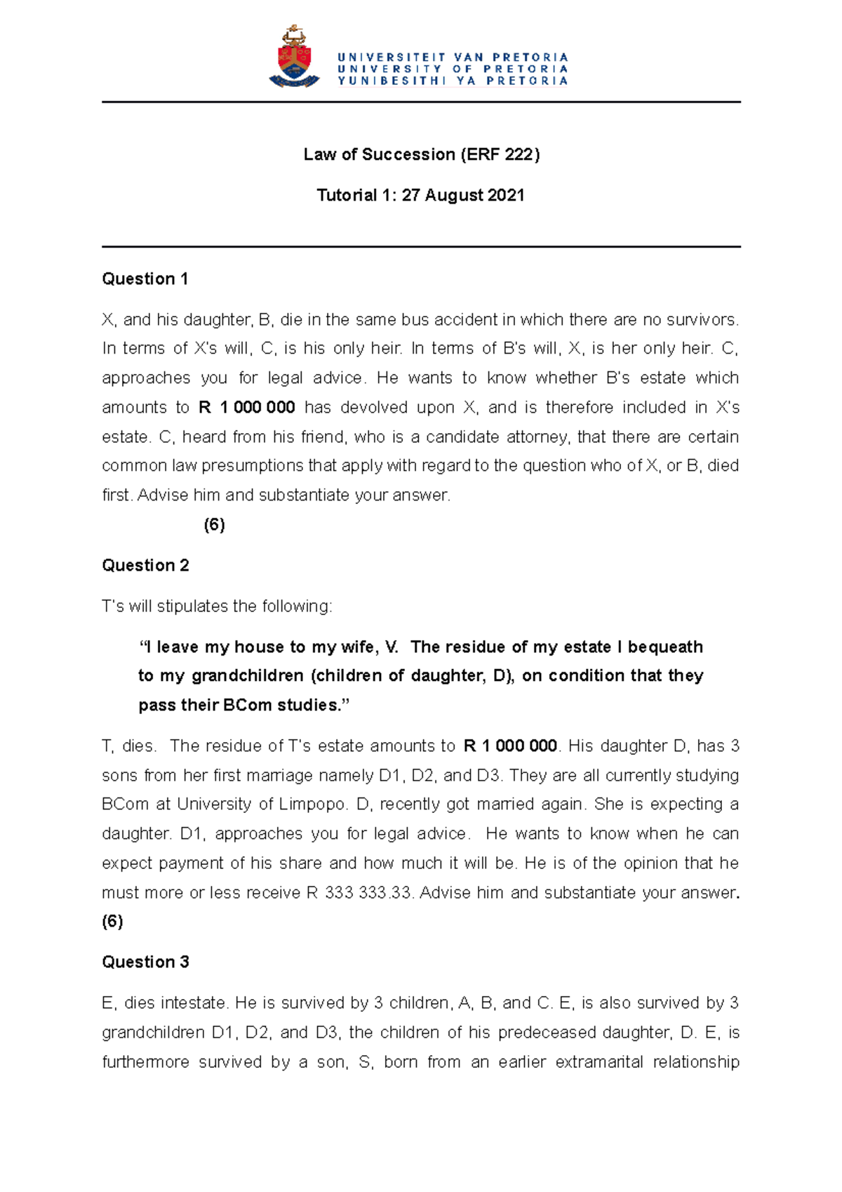 Tutorial 1 - 27 August 2021 QUESTIONS AND ANSWERS - Law Of Succession ...