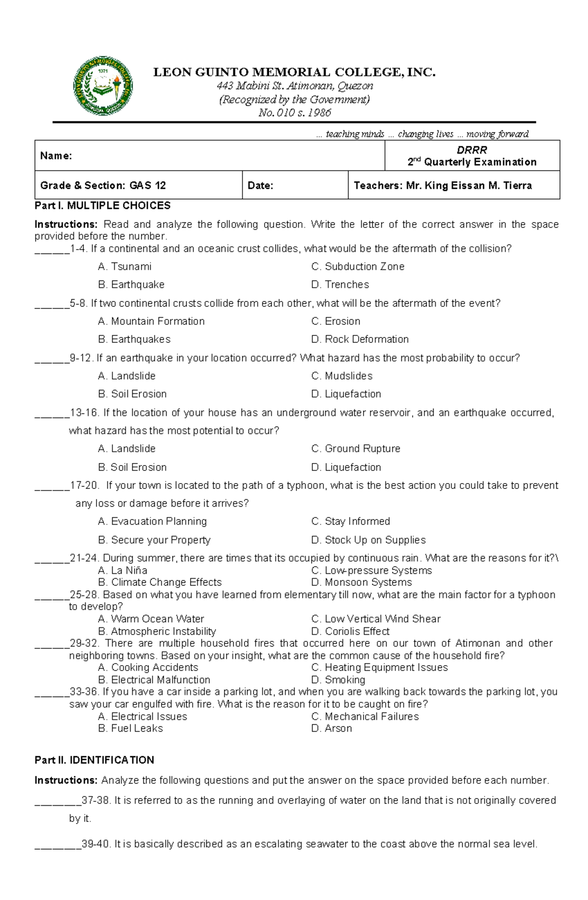 DRRR 2nd Quarter Exam for references Name DRRR 2 nd Quarterly Examination Grade & Section