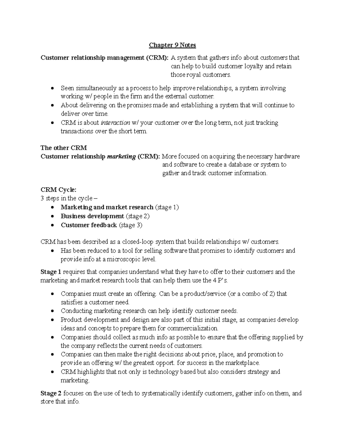 Chapter 9 Notes - Chapter 9 Notes Customer relationship management (CRM ...