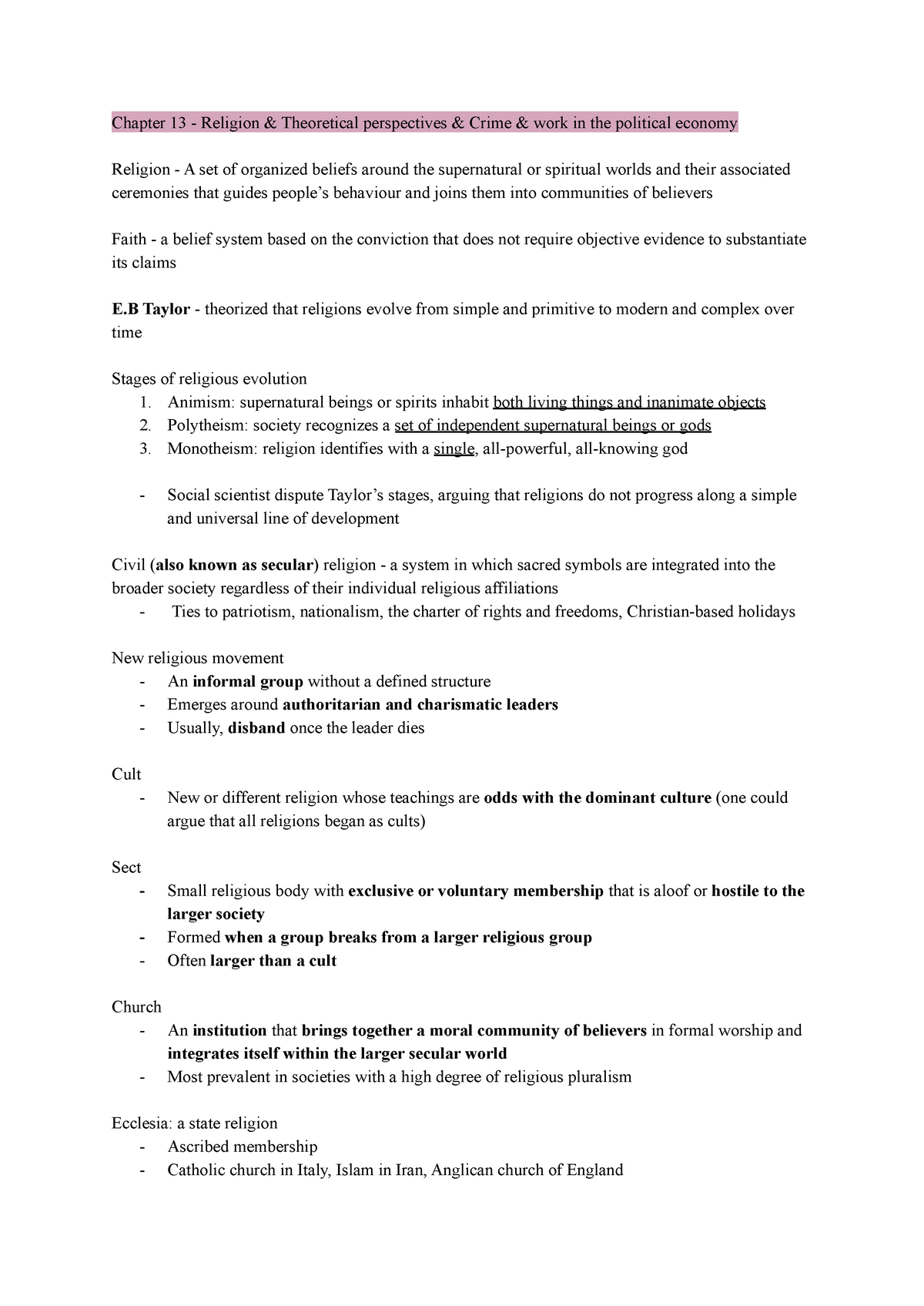 Test 4 Notes For Sociol 1z03 - Chapter 13 - Religion & Theoretical 