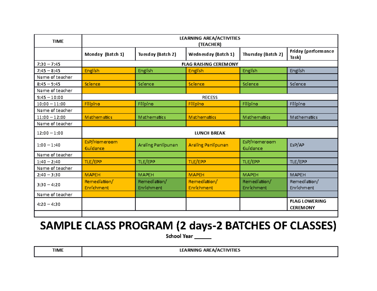 Dep ed sample class program and teachers schedule time learning area