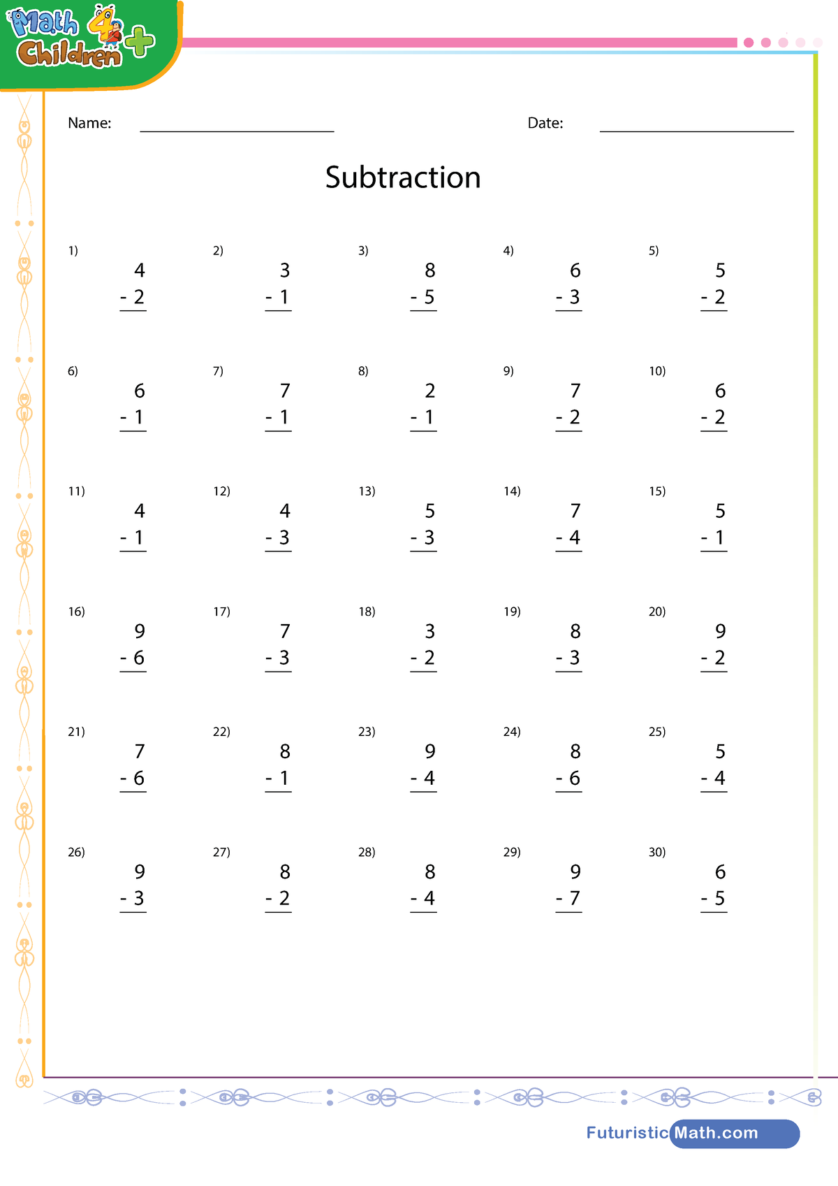 Subtract single digits worksheet - Futuristic Math Name: Date ...