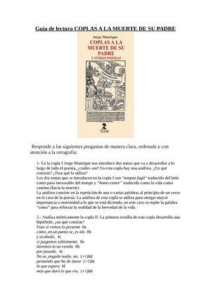 Coplas A LA Muerte DE SU Padre- Jorge Manrique - Guía de lectura COPLAS A  LA MUERTE DE SU PADRE - Studocu