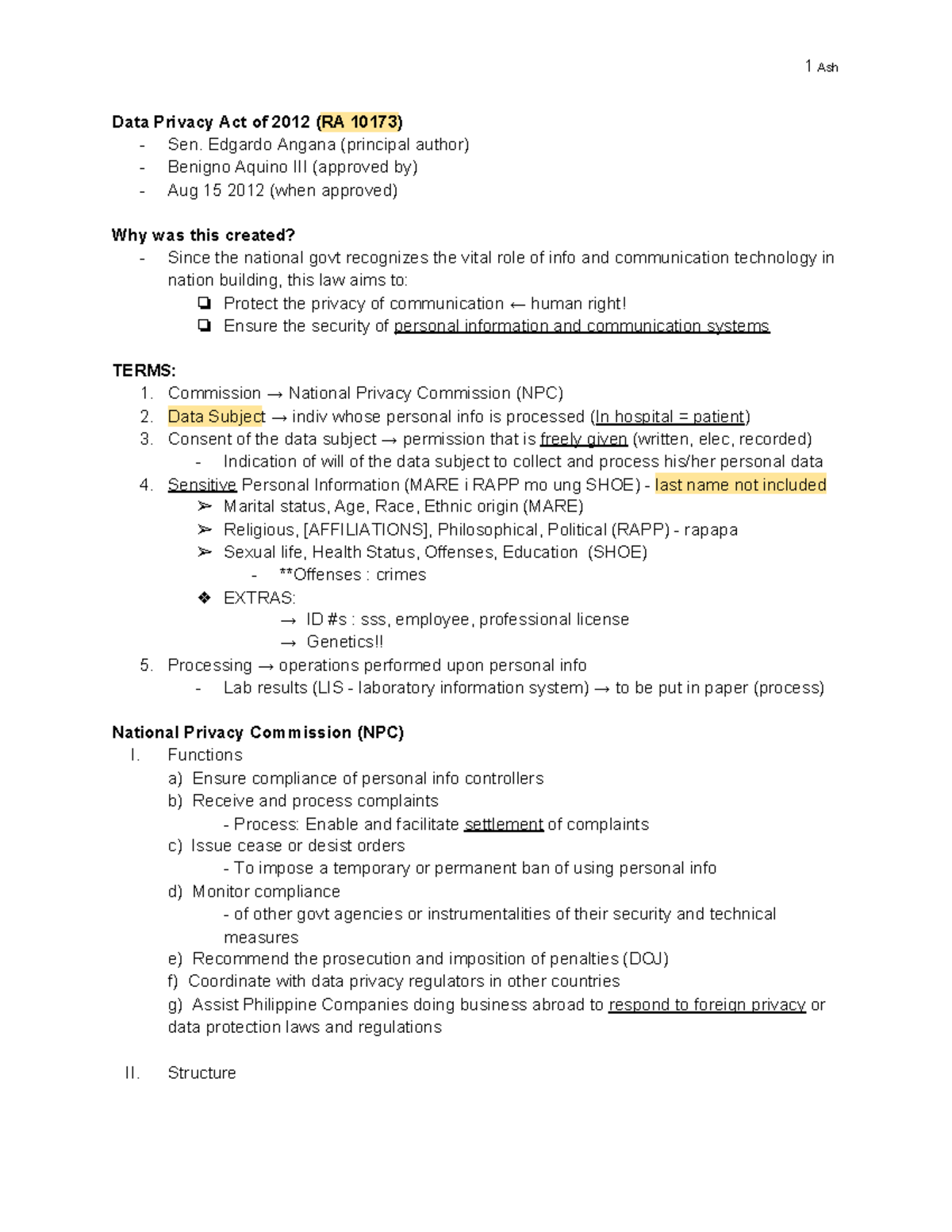 Mod 1 (HIS - lab) - hehe - Data Privacy Act of 2012 ( RA 10173 ) - Sen ...