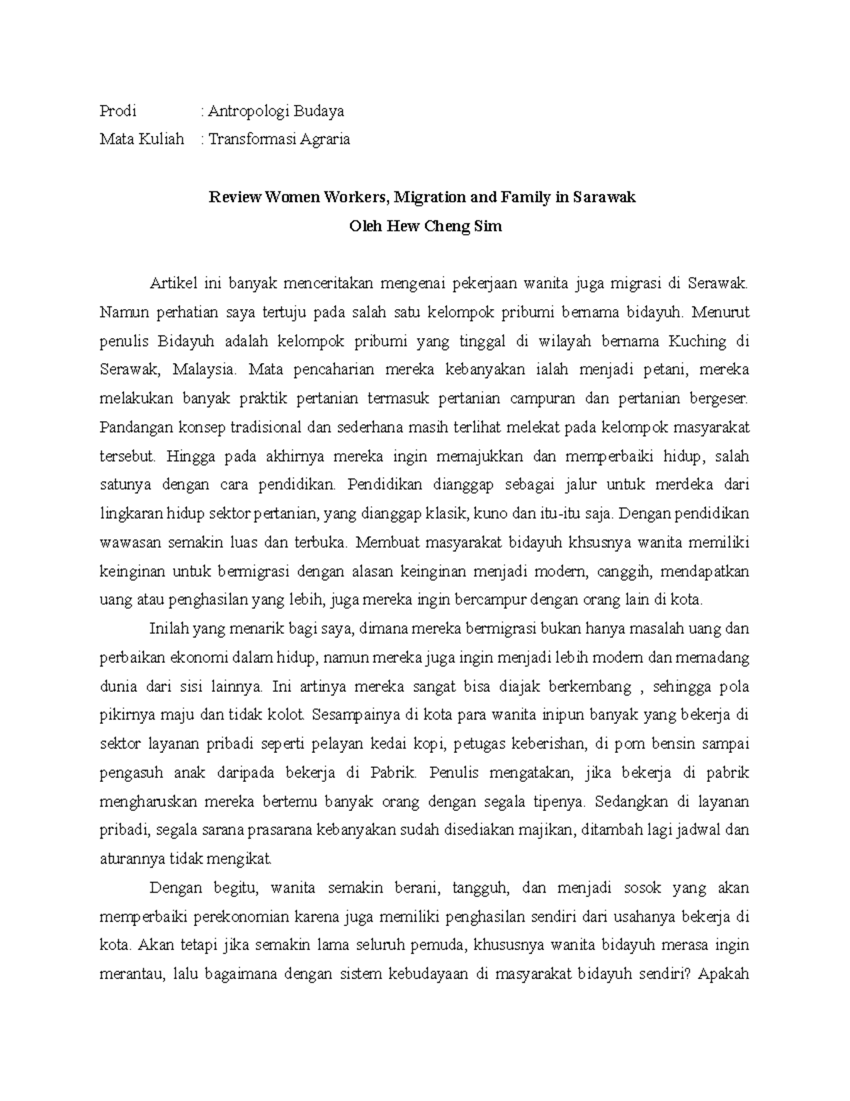 Transformasi Agraria Antropologi Budaya Review Women Migration Prodi