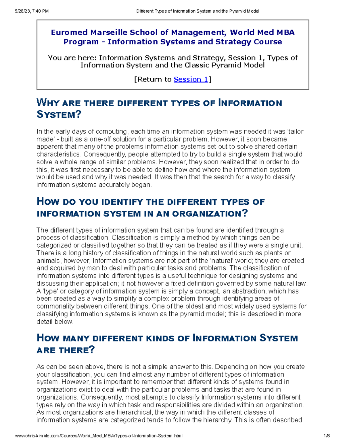 Different Types of Information System and the Pyramid Model Euromed