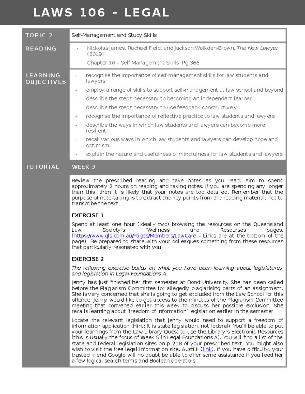 Legal Foundations B - Tutorial Topic 2 (Week 3) - Self-Management And ...