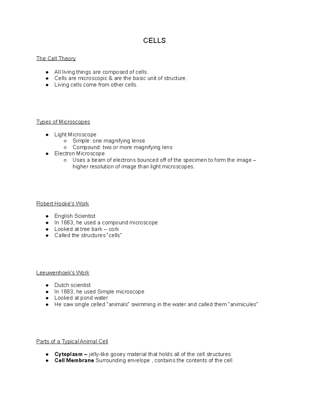 Life Science Notes 1 Part 1 Cells - CELLS The Cell Theory All living ...