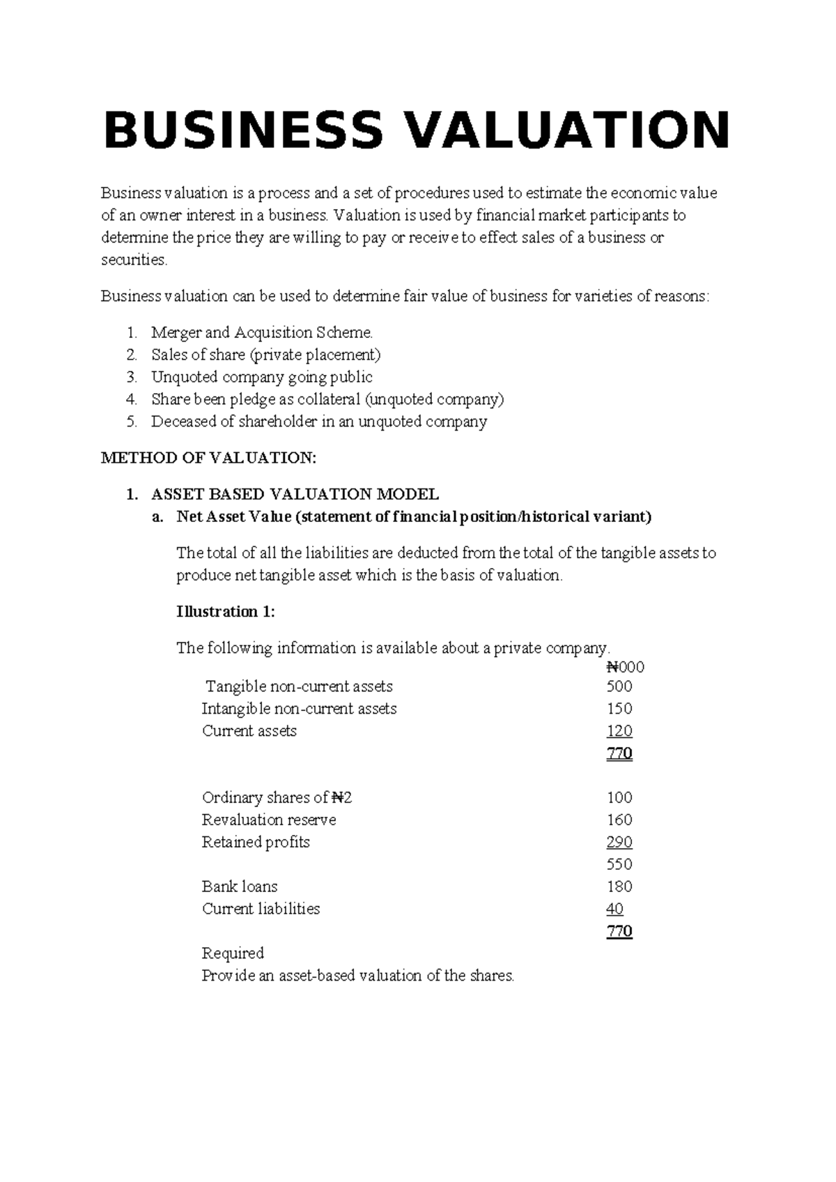 Business Valuation Notes - BUSINESS VALUATION Business valuation is a ...