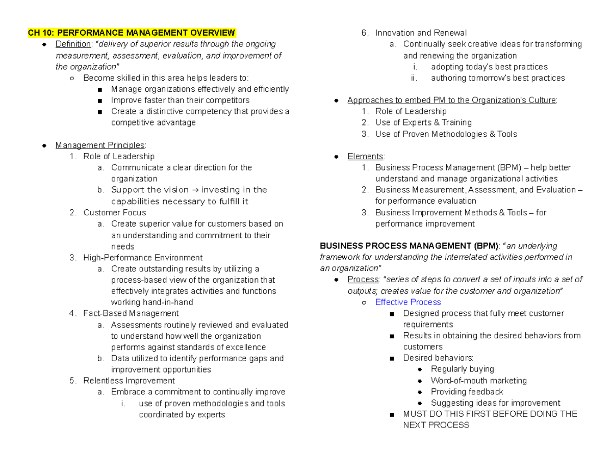 CH10 Study Guide - Intro to Mgt - CH 10: PERFORMANCE MANAGEMENT ...