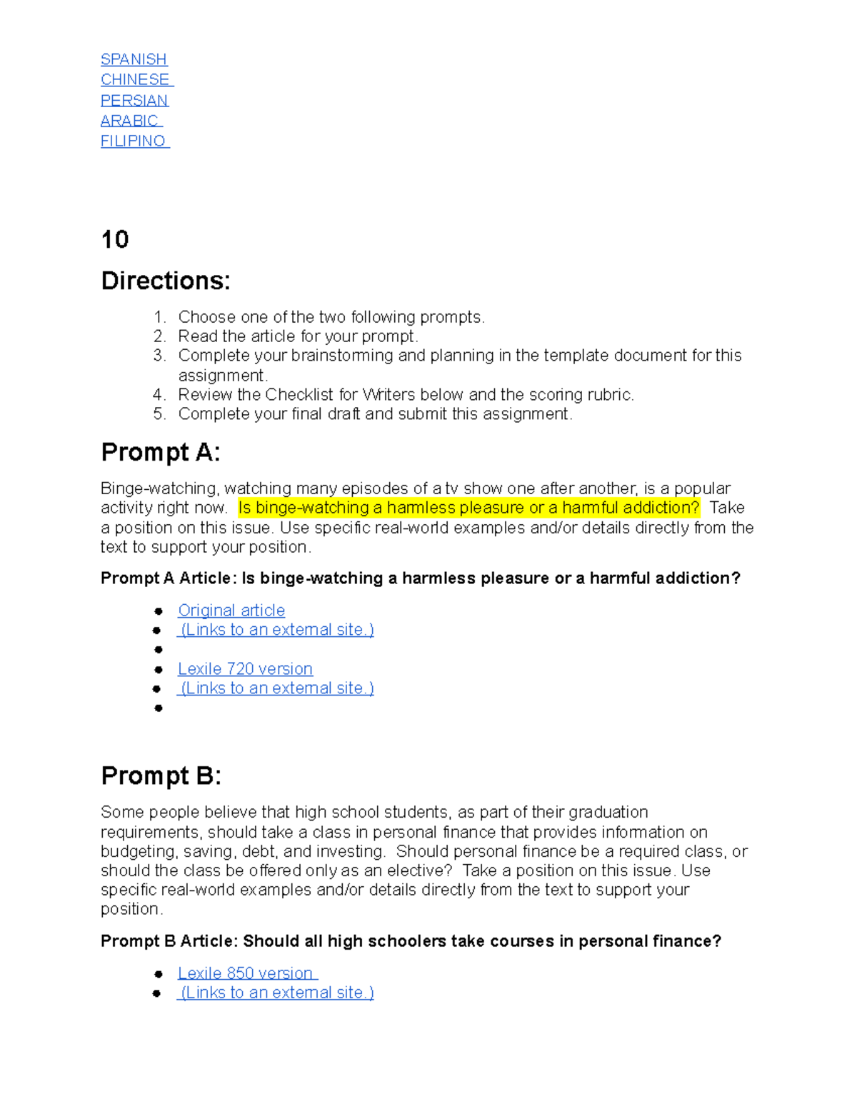 Copy of 10 Writing Assessment - SPANISH CHINESE PERSIAN ARABIC FILIPINO ...