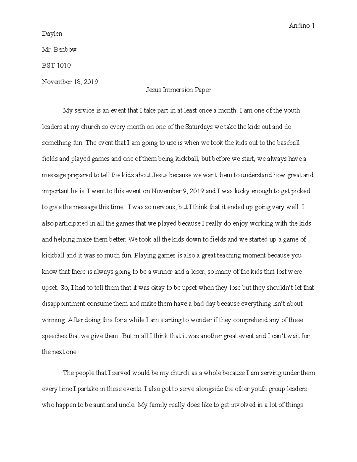 Jesus Immersion Paper - Daylen Mr. Benbow BST 1010 November 18, 2019 ...