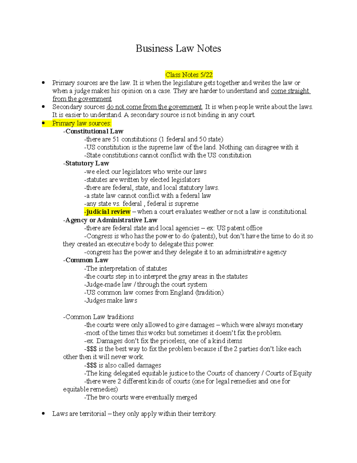 Business Law Notes - Business Law Notes Class Notes 5/ Primary Sources ...