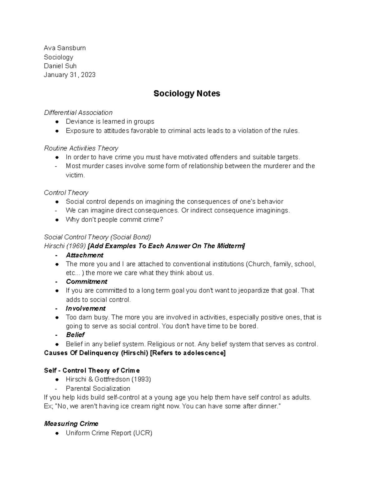 Sociology Notes - January 31, 2023 - Ava Sansburn Sociology Daniel Suh ...