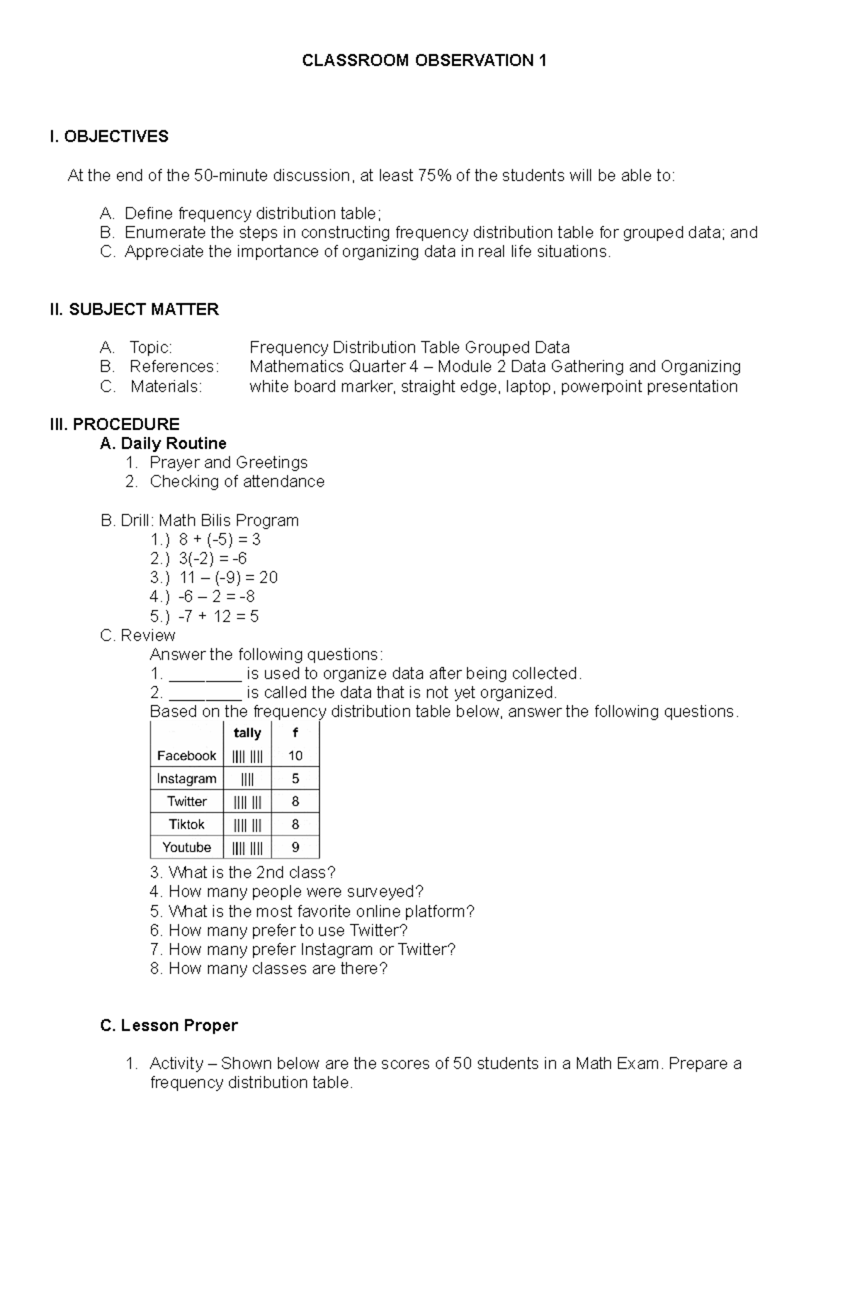 - Lesson-PLAN 2023 - Lesson Plans - CLASSROOM OBSERVATION 1 I ...