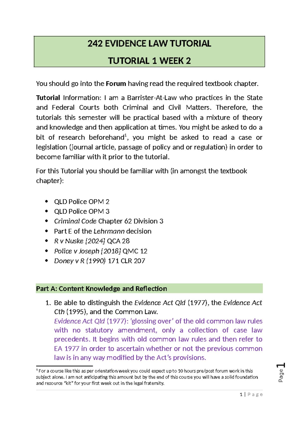 Tutorial 1 Week 2 - Page 1 242 EVIDENCE LAW TUTORIAL TUTORIAL 1 WEEK 2 ...