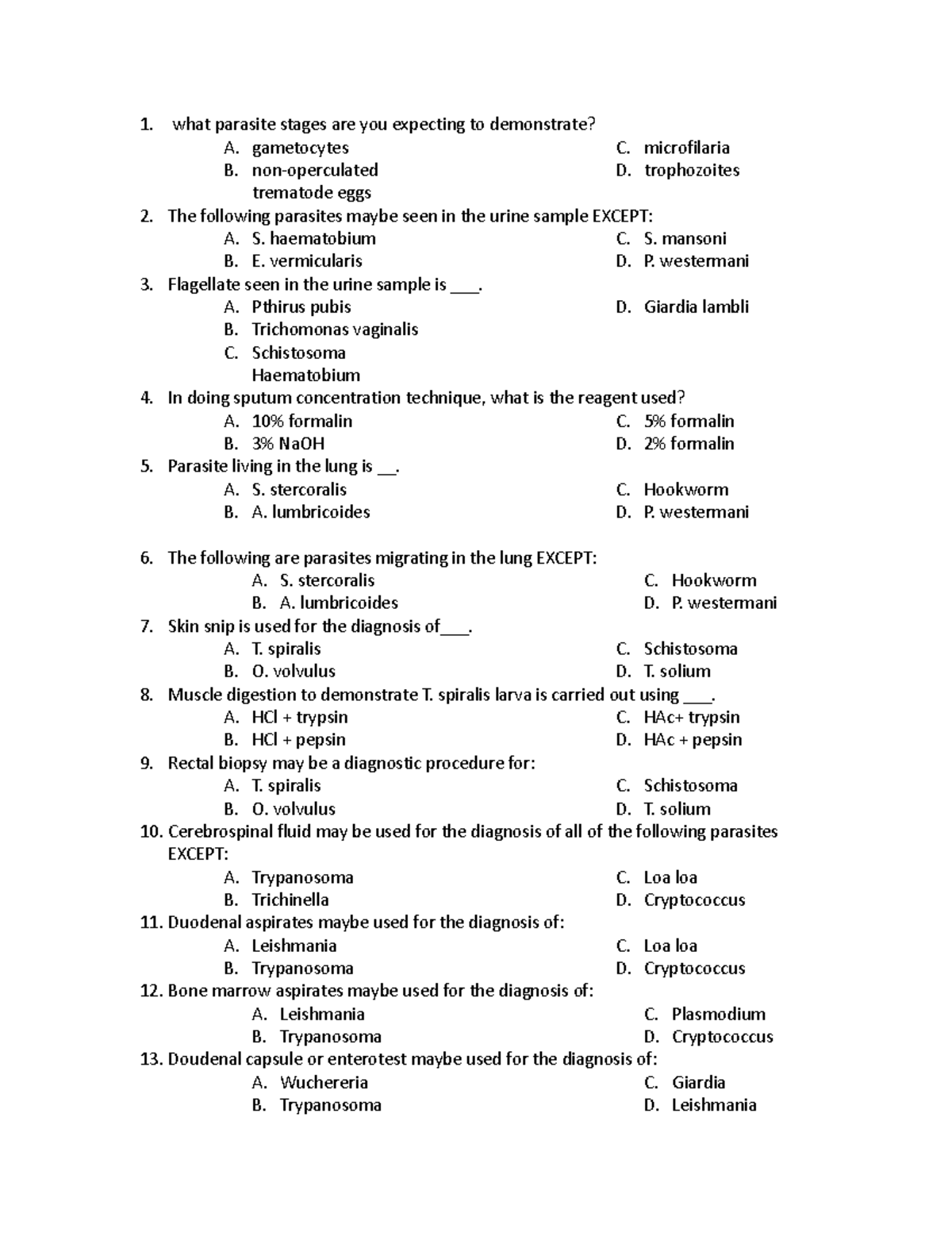 Parasitology-Recall-Questions 2 - what parasite stages are you ...