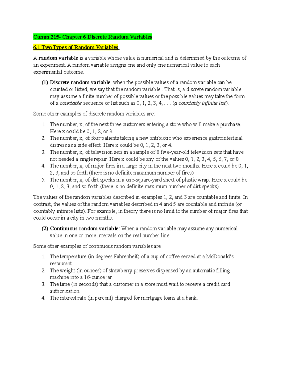 Comm 215- Chapter 6 Notes - Comm 215- Chapter 6 Discrete Random ...