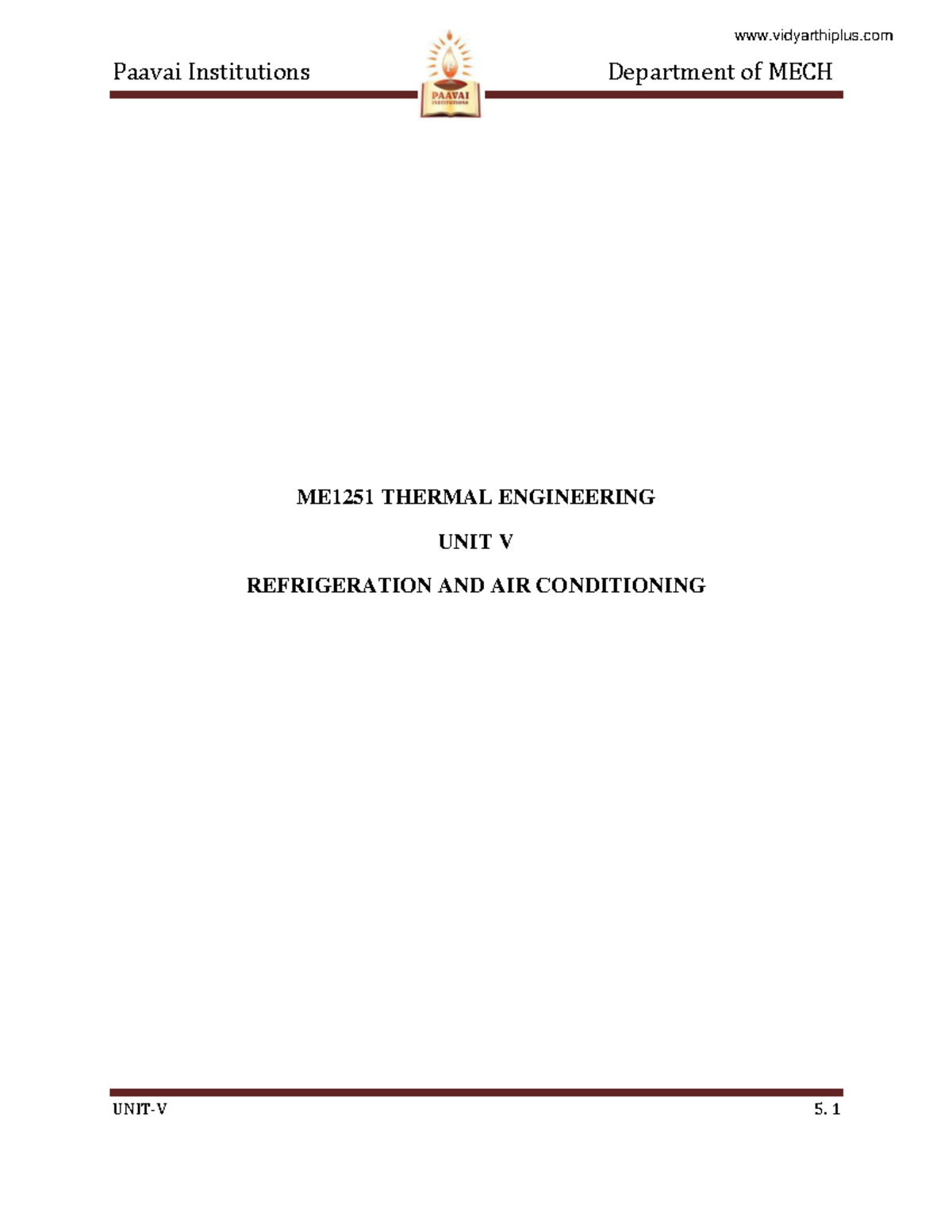 Refrigeration and Air conditioning Paavai Institutions Department of