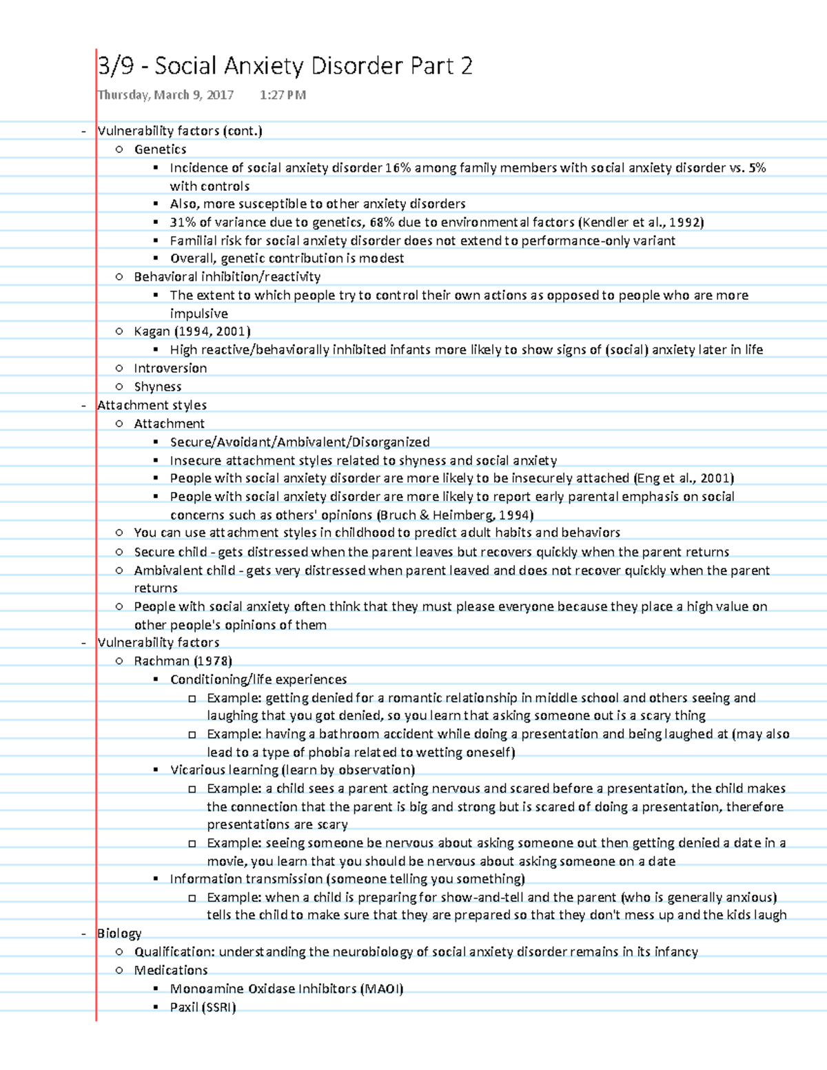 PSY422 3-9-17 Notes - Social Anxiety Disorder Part 2 Thursday, March 9 ...