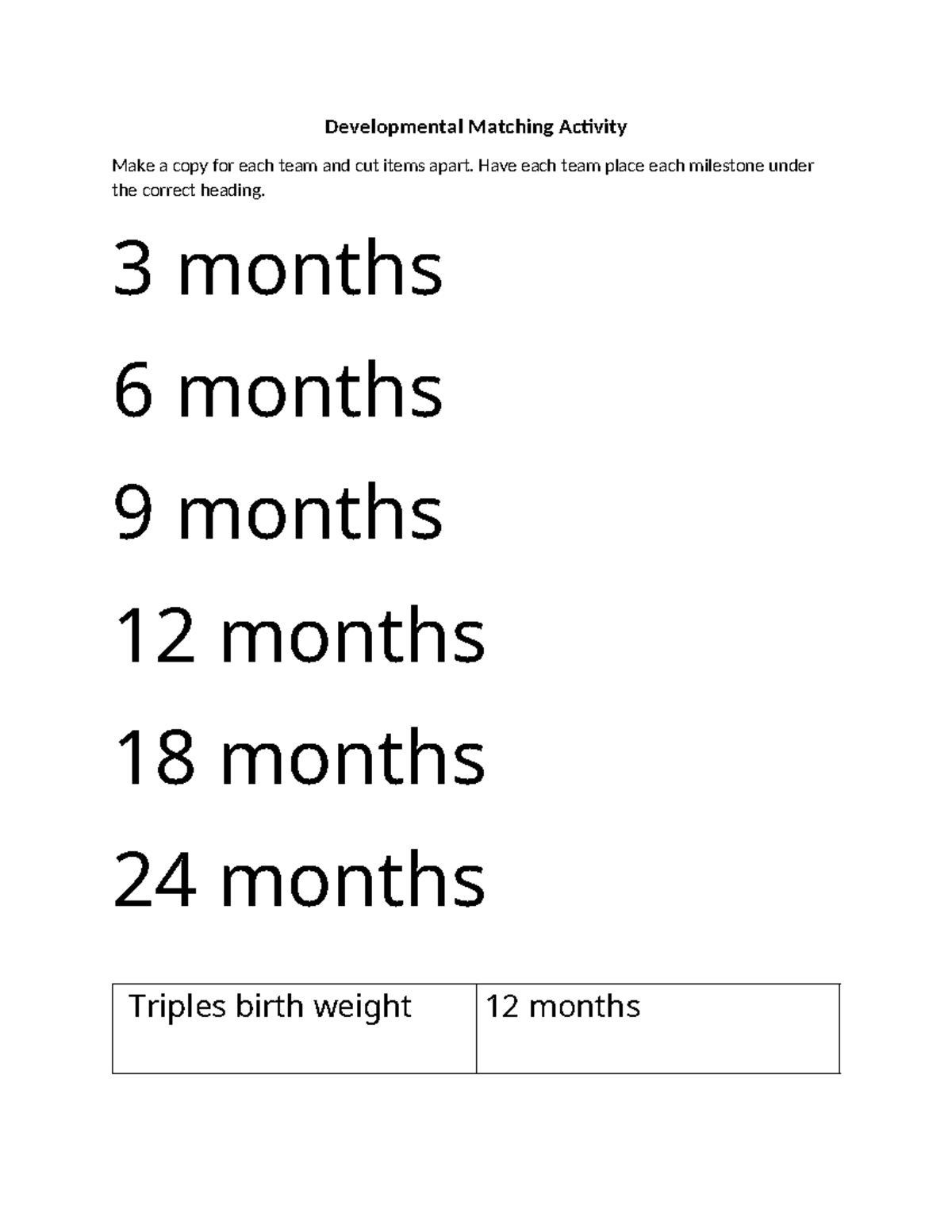 Developmental Stages Game - Developmental Matching Activity Make a copy ...