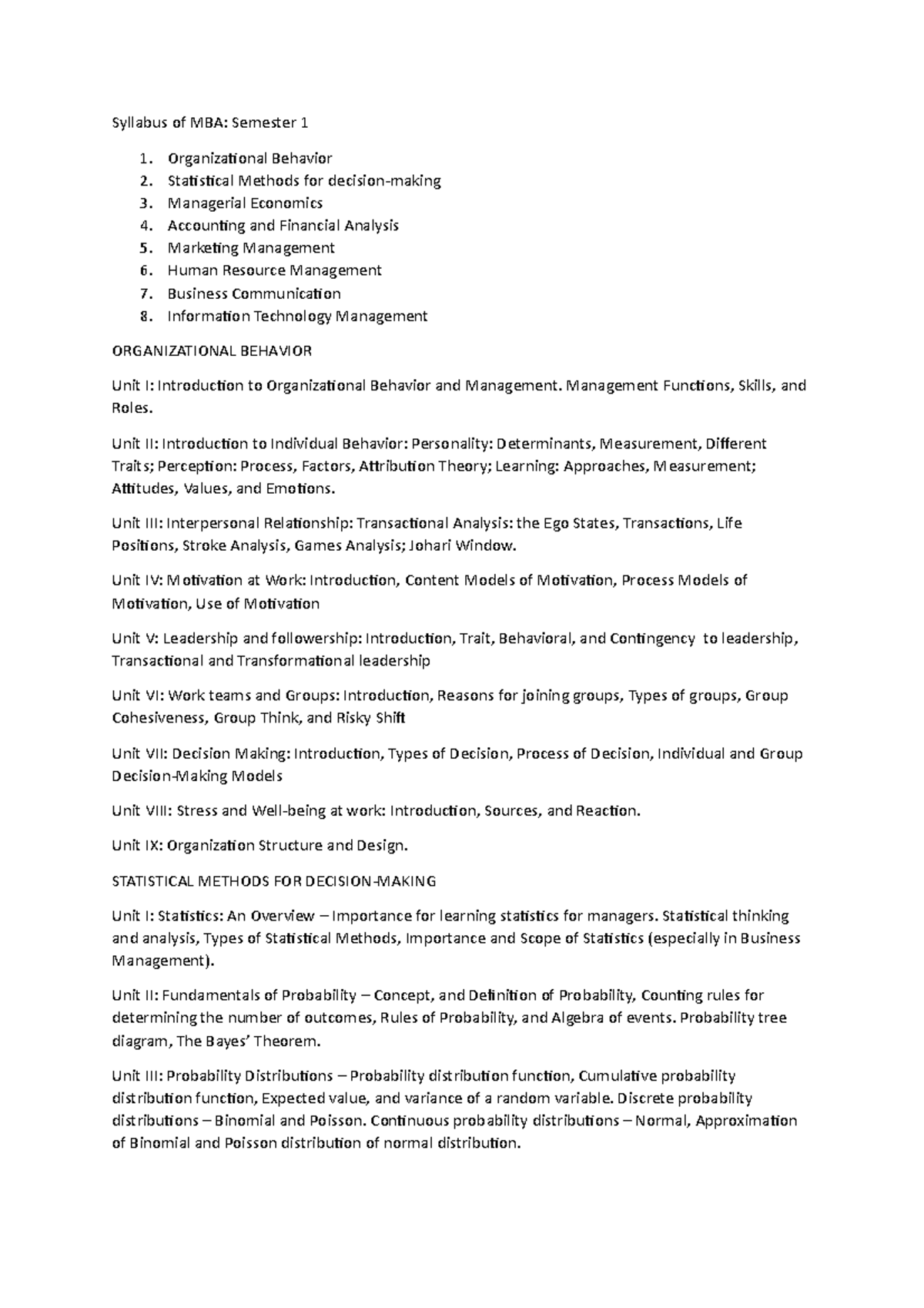 Syllabus of MBA - Management Functions, Skills, and Roles. Unit II ...