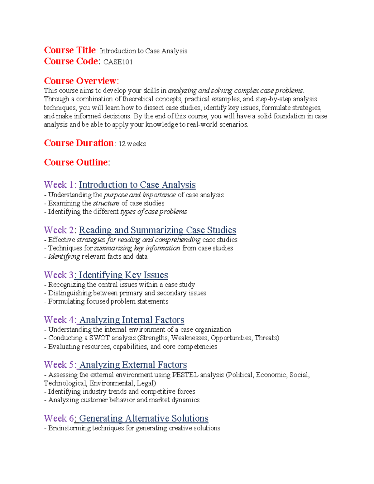 Course Title - cgg - Course Title: Introduction to Case Analysis Course ...
