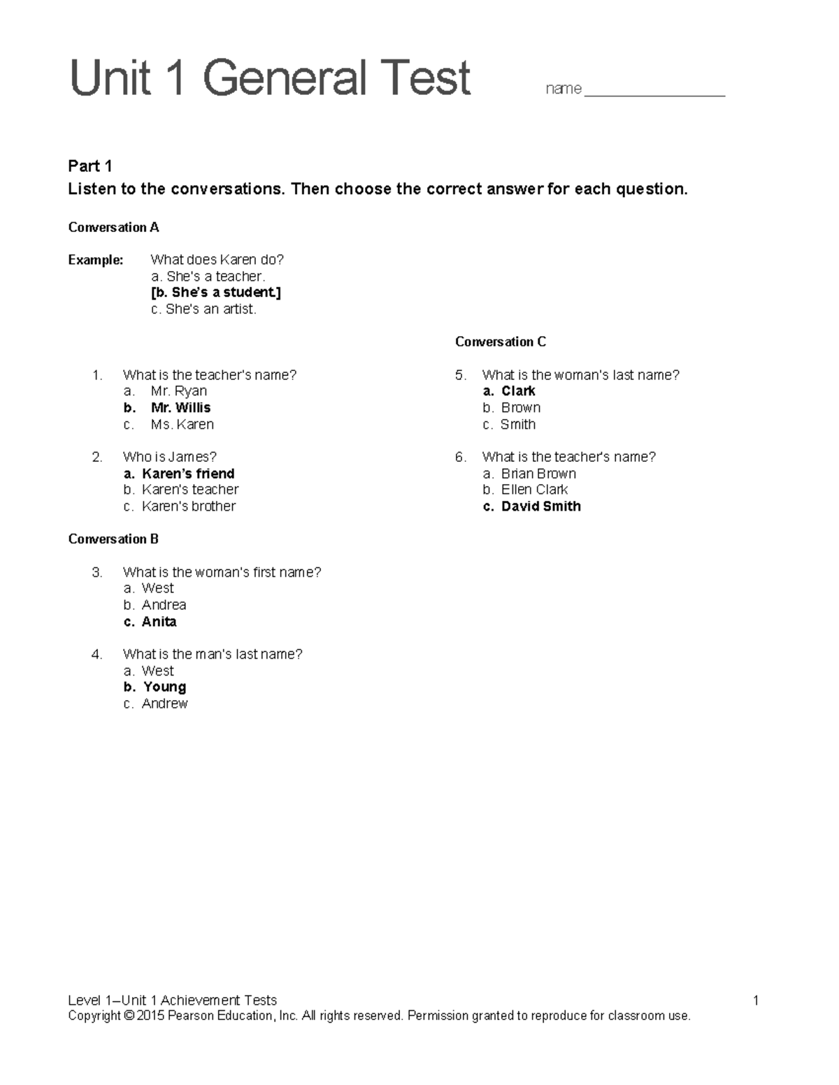 Top Notch 1 Unit 1 Assessment - Unit 1 General Test name ...