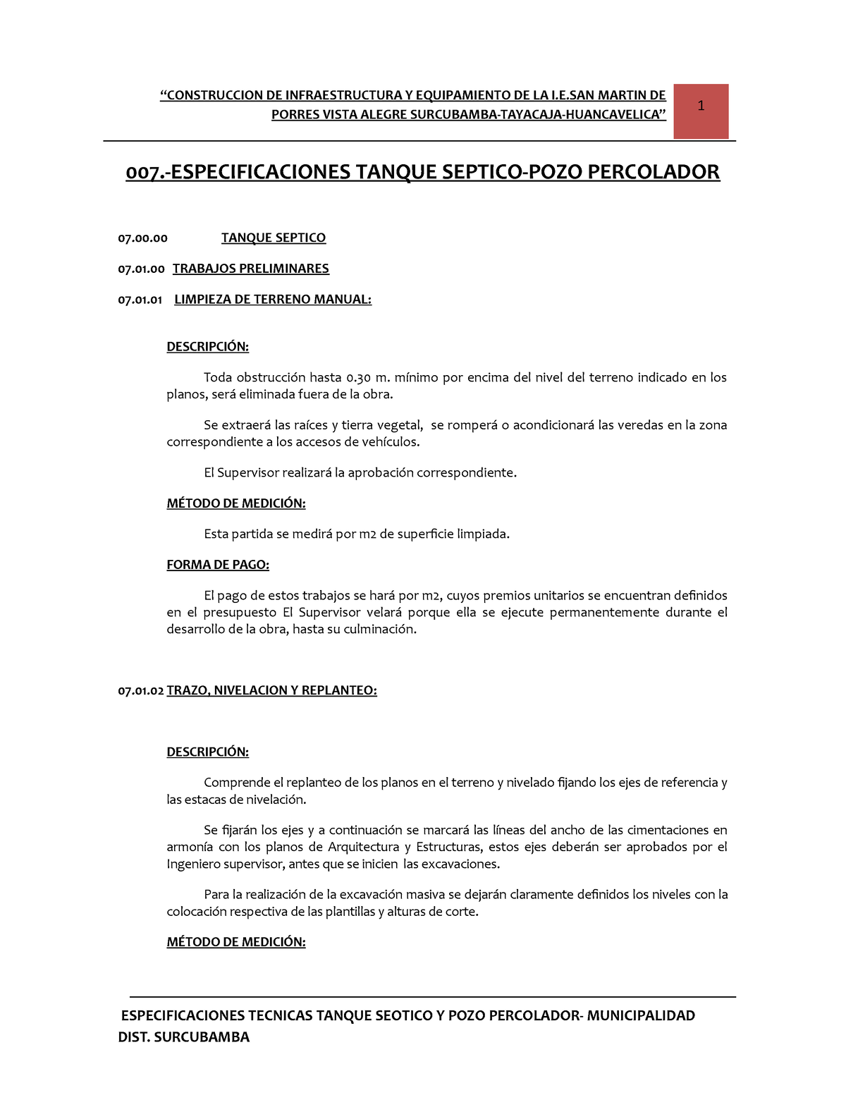 Especificaciones Tecnicas Pozo Septico Y Percolador Vista Alegre ...