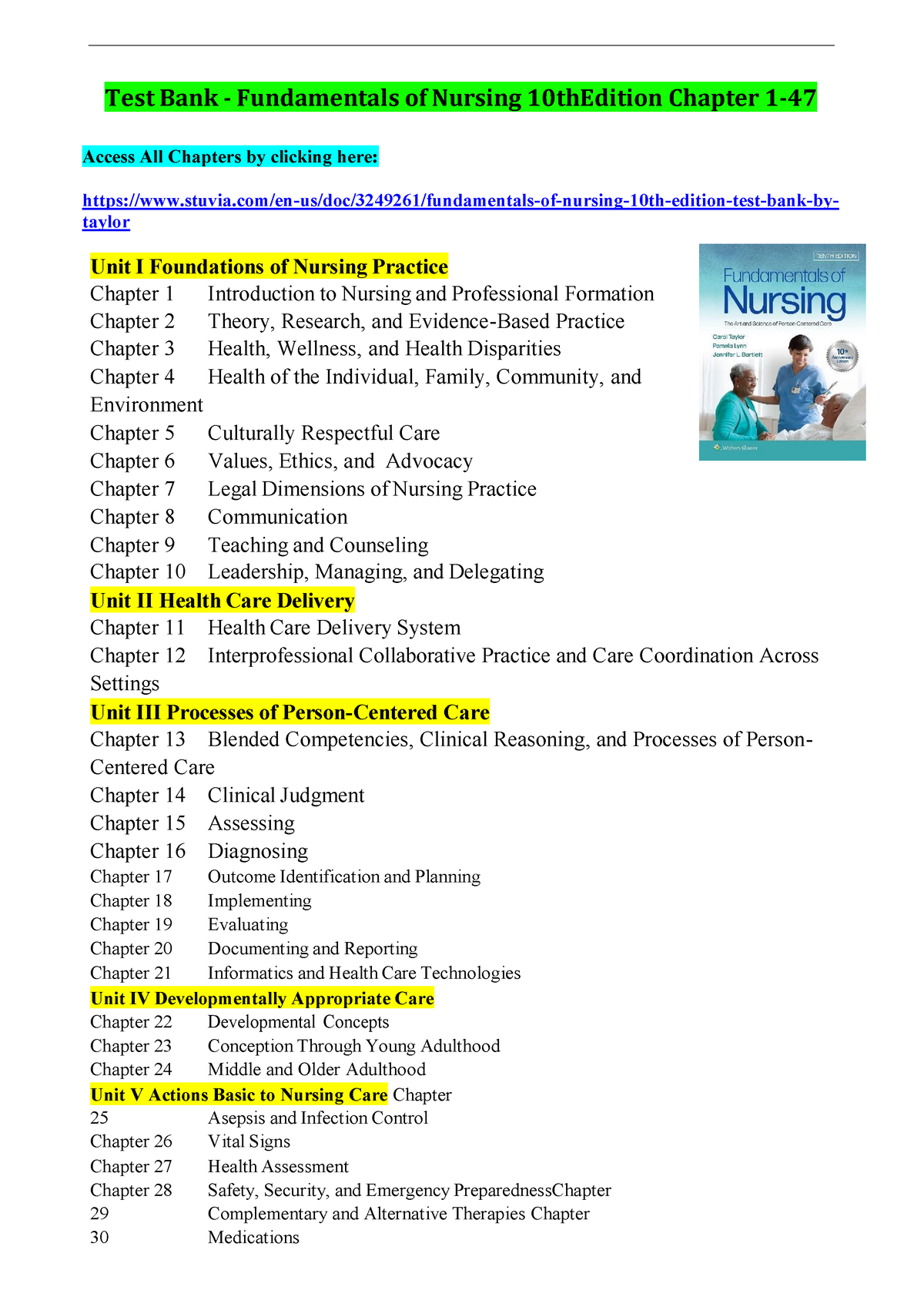 Fundamentals of Nursing 10th Edition by Taylor Test Bank - Test Bank ...