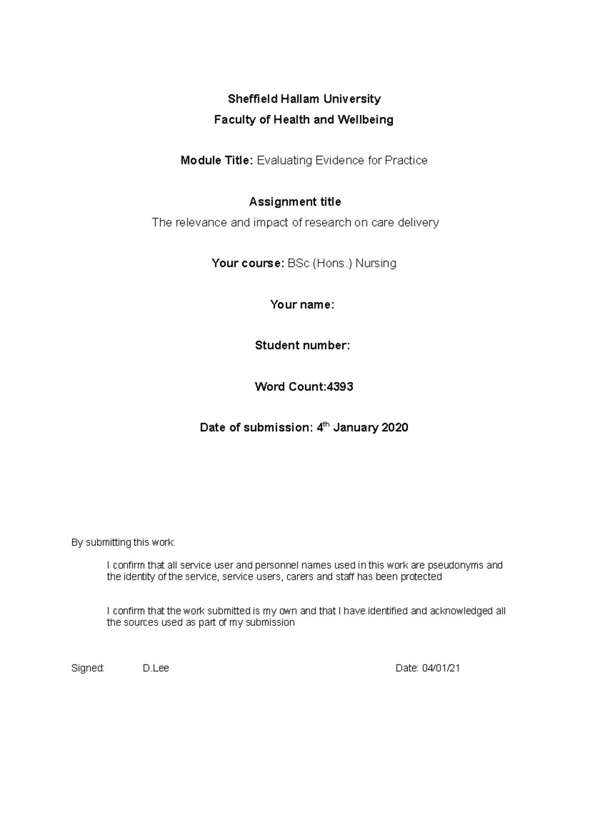 Assignment final - Sheffield Hallam University Faculty of Health and ...