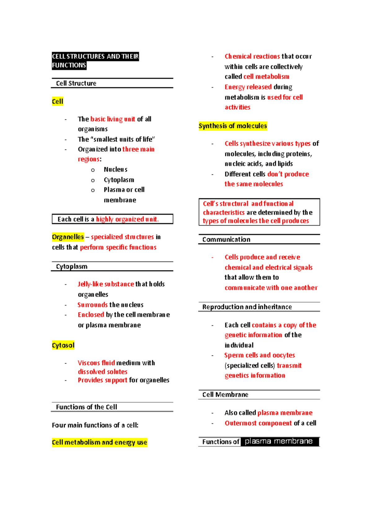 Cellsfrwrded - notes - CELL STRUCTURES AND THEIR FUNCTIONS Cell ...