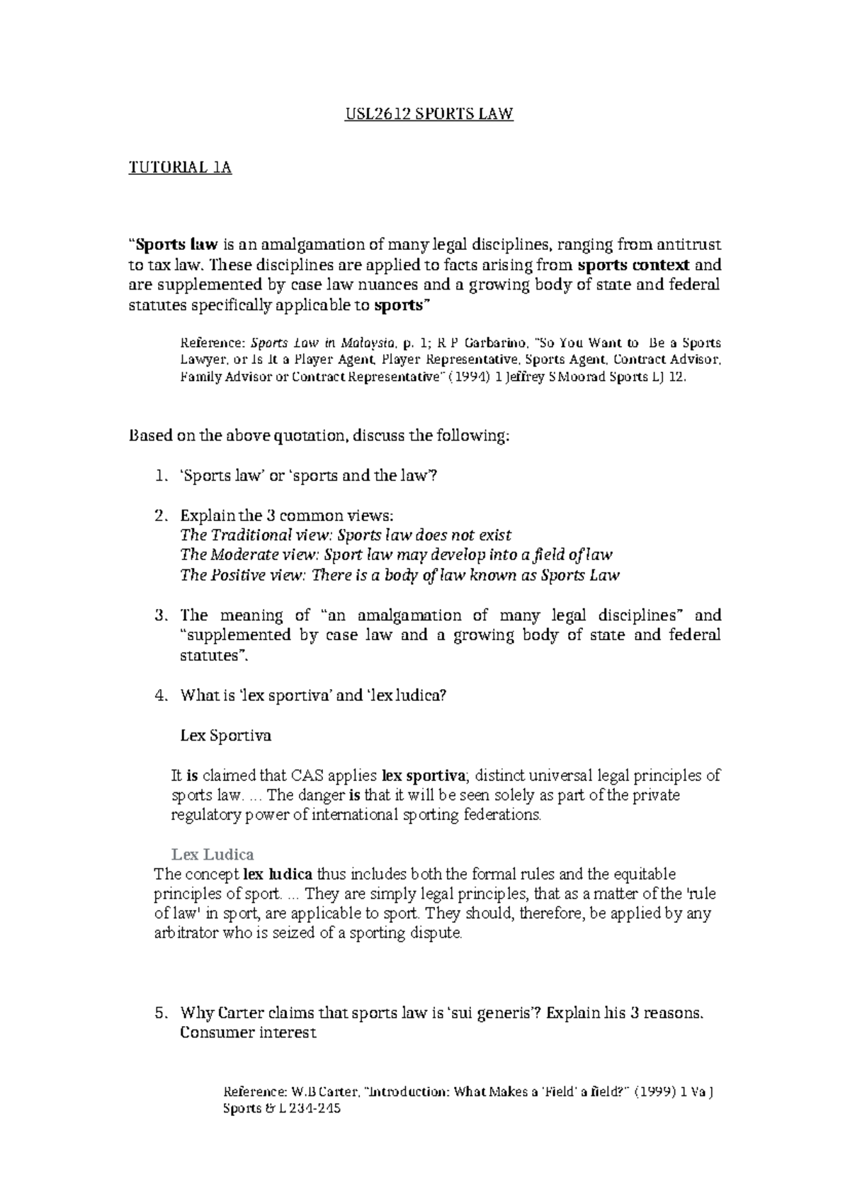 Tutorial 1A - USL2612 SPORTS LAW TUTORIAL 1A “Sports law is an ...