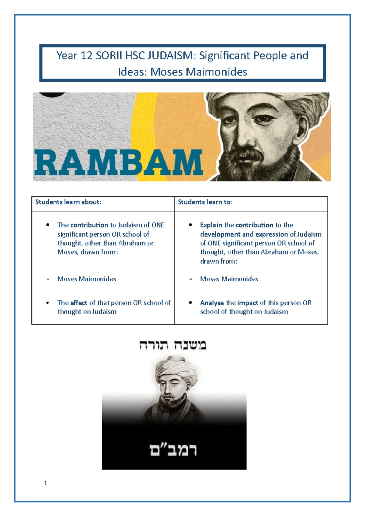 Moses Maimonides- Significant Person - Year 12 SORII HSC JUDAISM ...