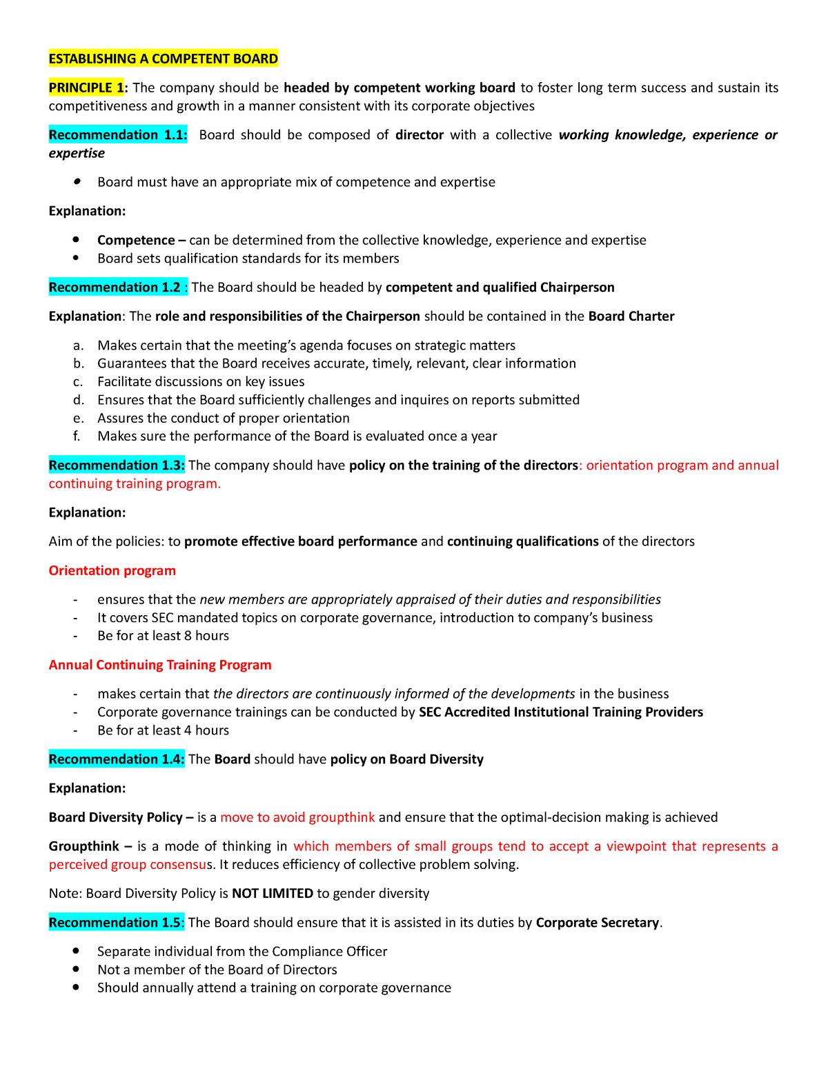 Principle 1-3 - none - ESTABLISHING A COMPETENT BOARD PRINCIPLE 1: The ...