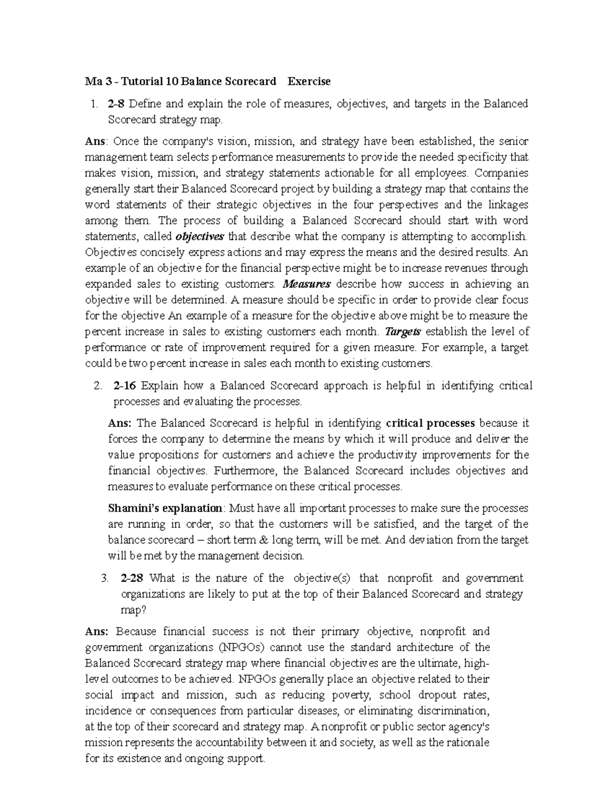 T10 Q - BSC - Balance Scorecard Tutorial Answer Sept 2022 - Ma 3 ...