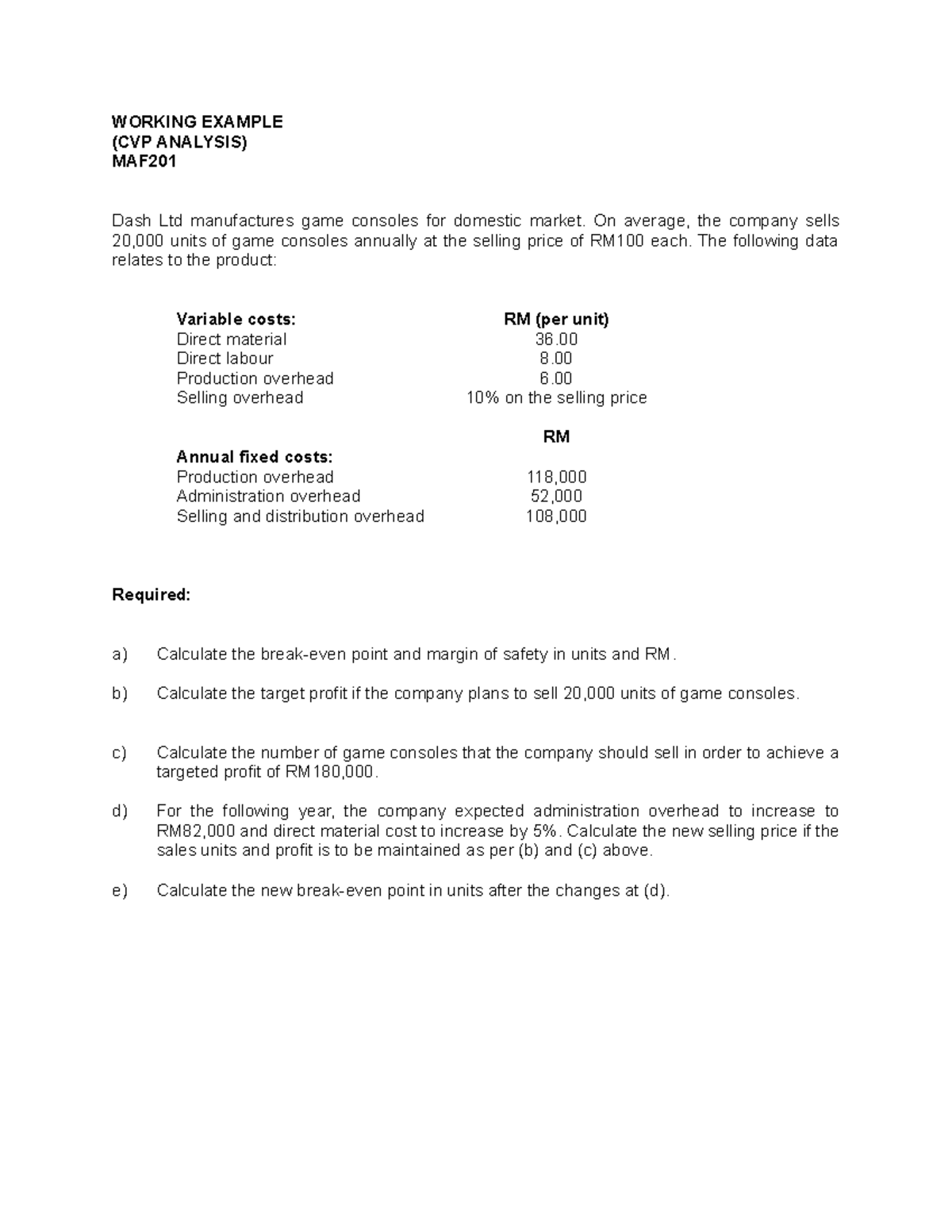 Working Example CVP Analysis - WORKING EXAMPLE (CVP ANALYSIS) MAF Dash ...