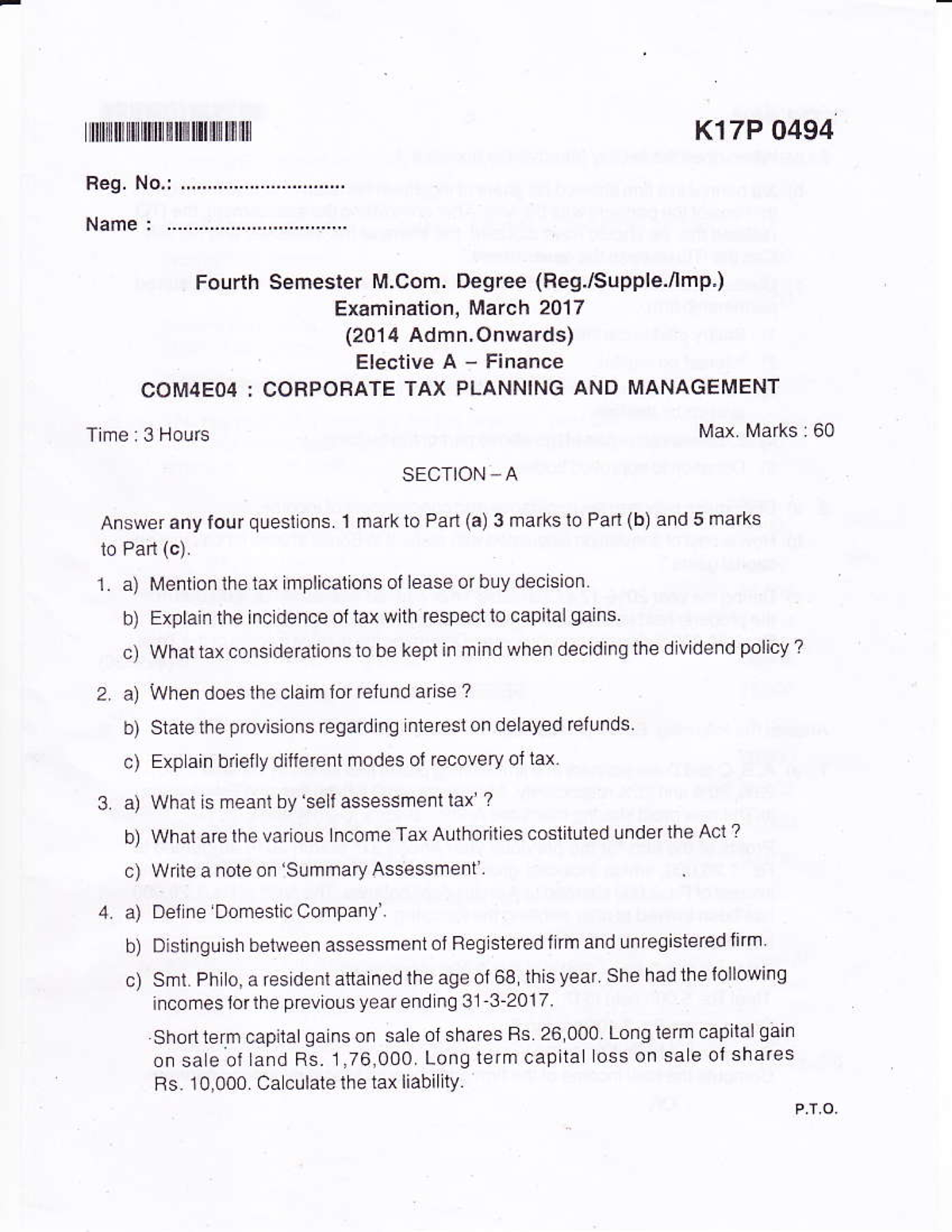 KU M - Question paper - Fe9. No.: ........................-.... fl tu ...